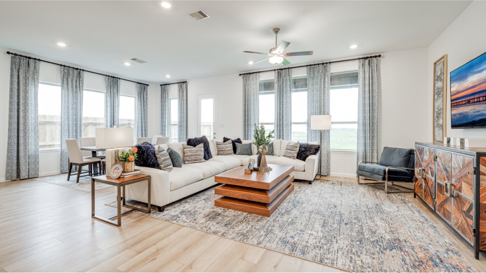 Photo of the living room inside the Cabot model home by Lennar Homes in Harvest Green in Richmond, Texas.